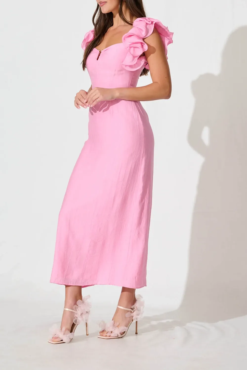 Pink Ruffled Shoulder Maxi Dress