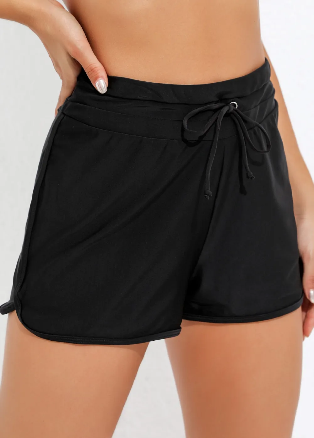 Mid Waist Drawstring Detail Black Swim Shorts