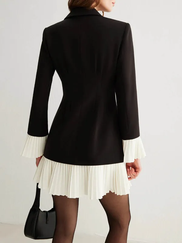 Pleated Detail Metal Button Long Sleeve Dress