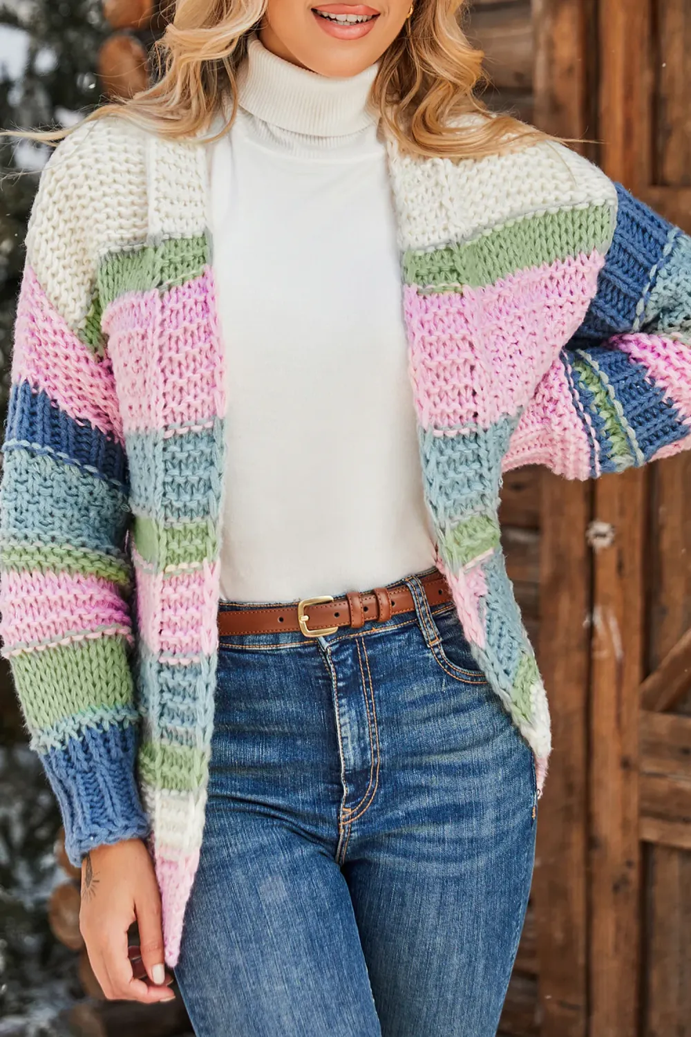 Colorblock Crochet Open Front Cardigan