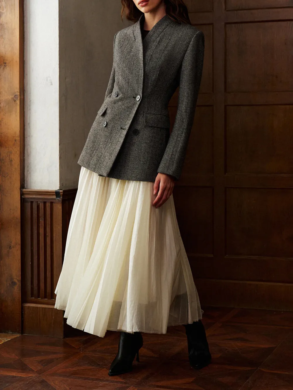 Wool-Blend Plain Double-Breasted Blazer