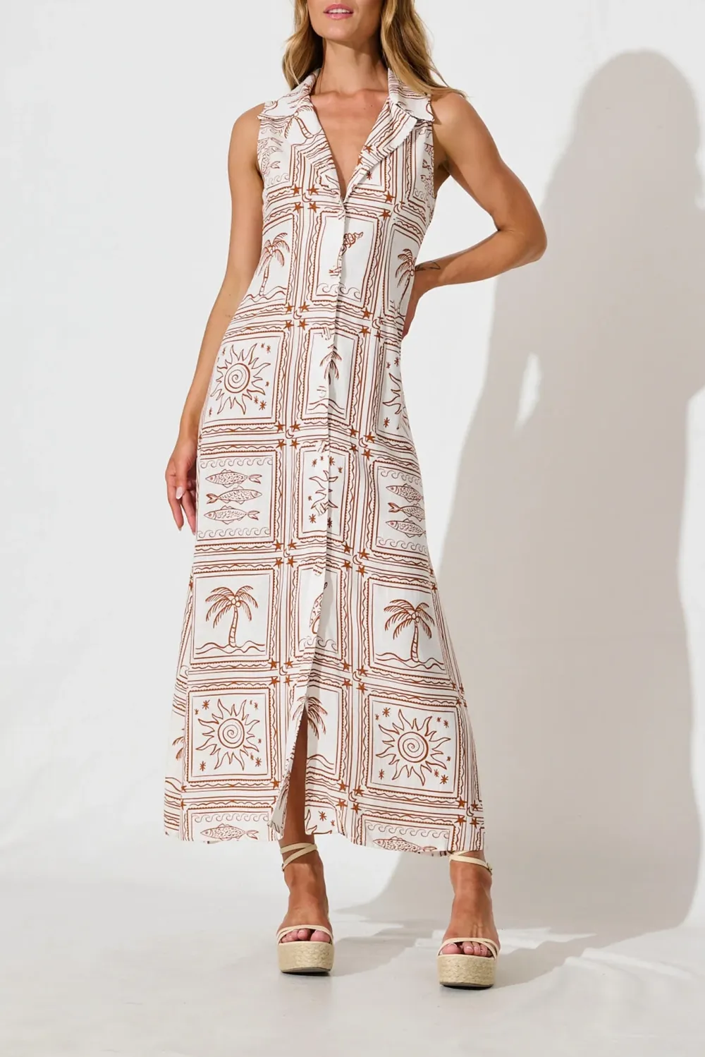 White Patterned Collared Maxi Dress