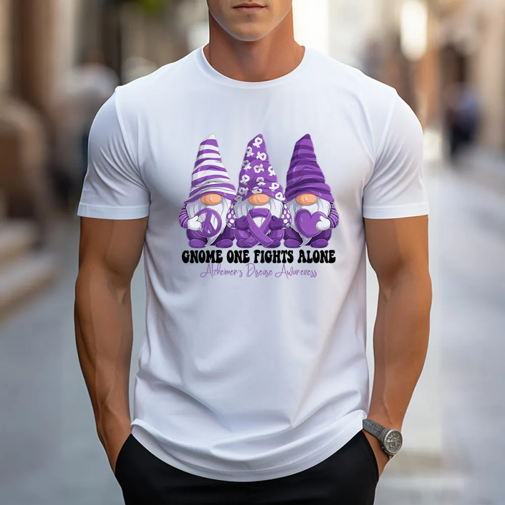 Men'S Gnome One Fights Alone Alzheimer'S Diease Awareness Round-Neck Short-Sleeved T-Shirt