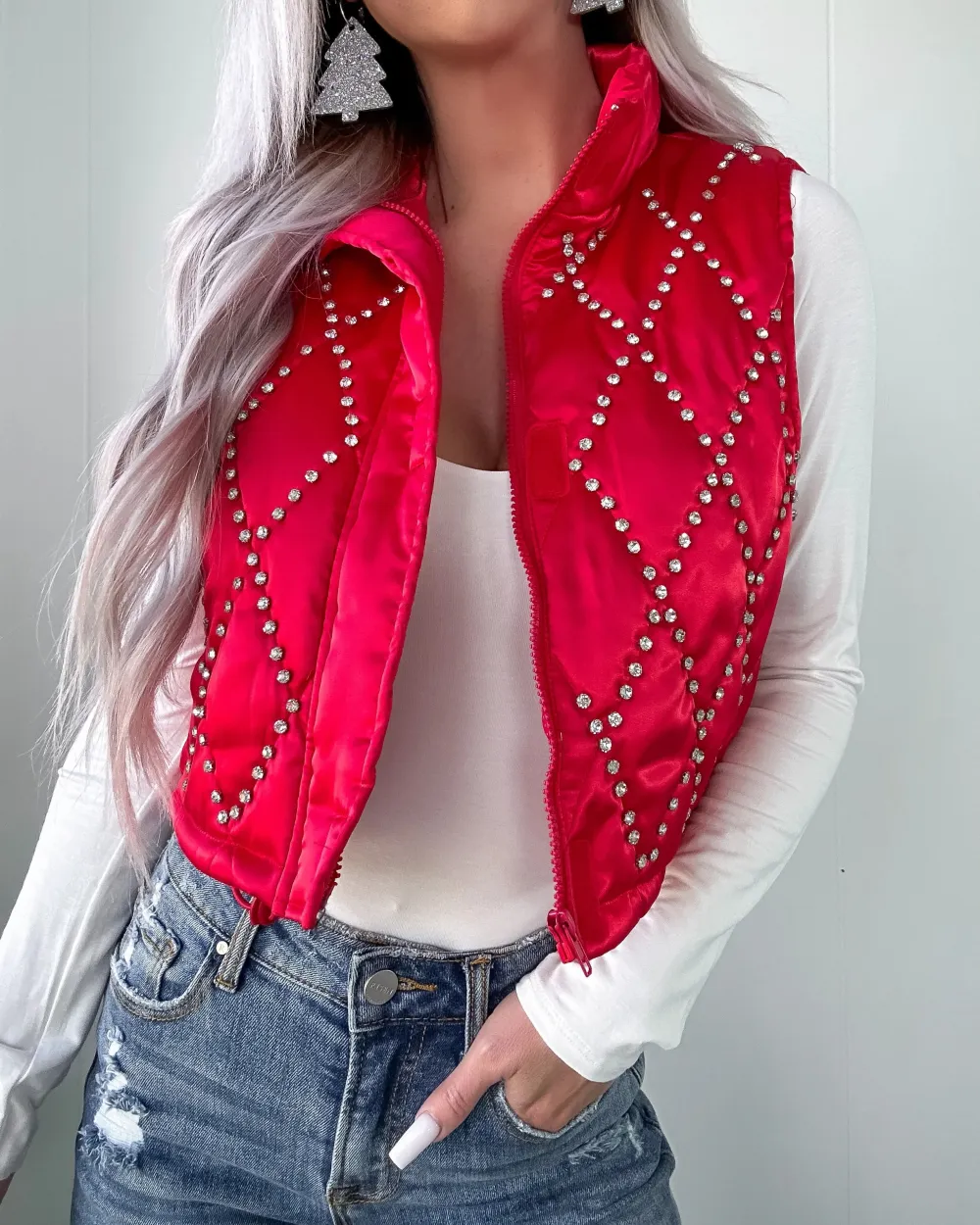 Better Than Before Rhinestone Bomber Vest - Red