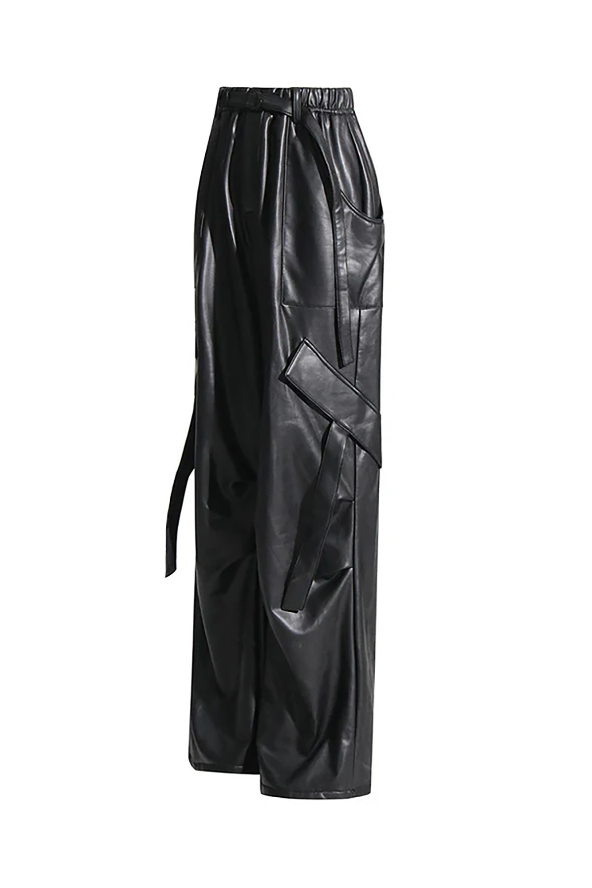 Sleek Draped Belted Low Rise Wide Leg Ruched Vegan Leather Cargo Pants