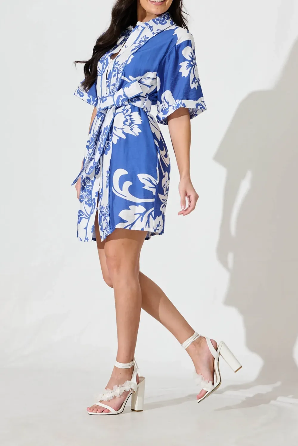 Blue Patterned Belted Shirt Dress