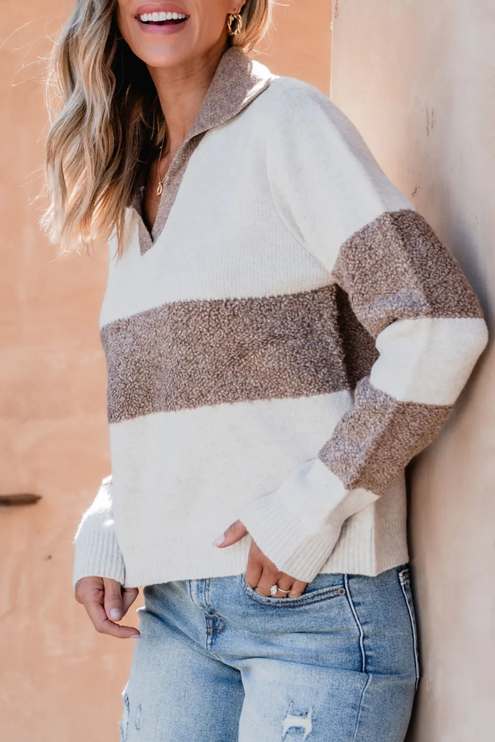 Fuzzy Mocha Striped V Neck Sweater