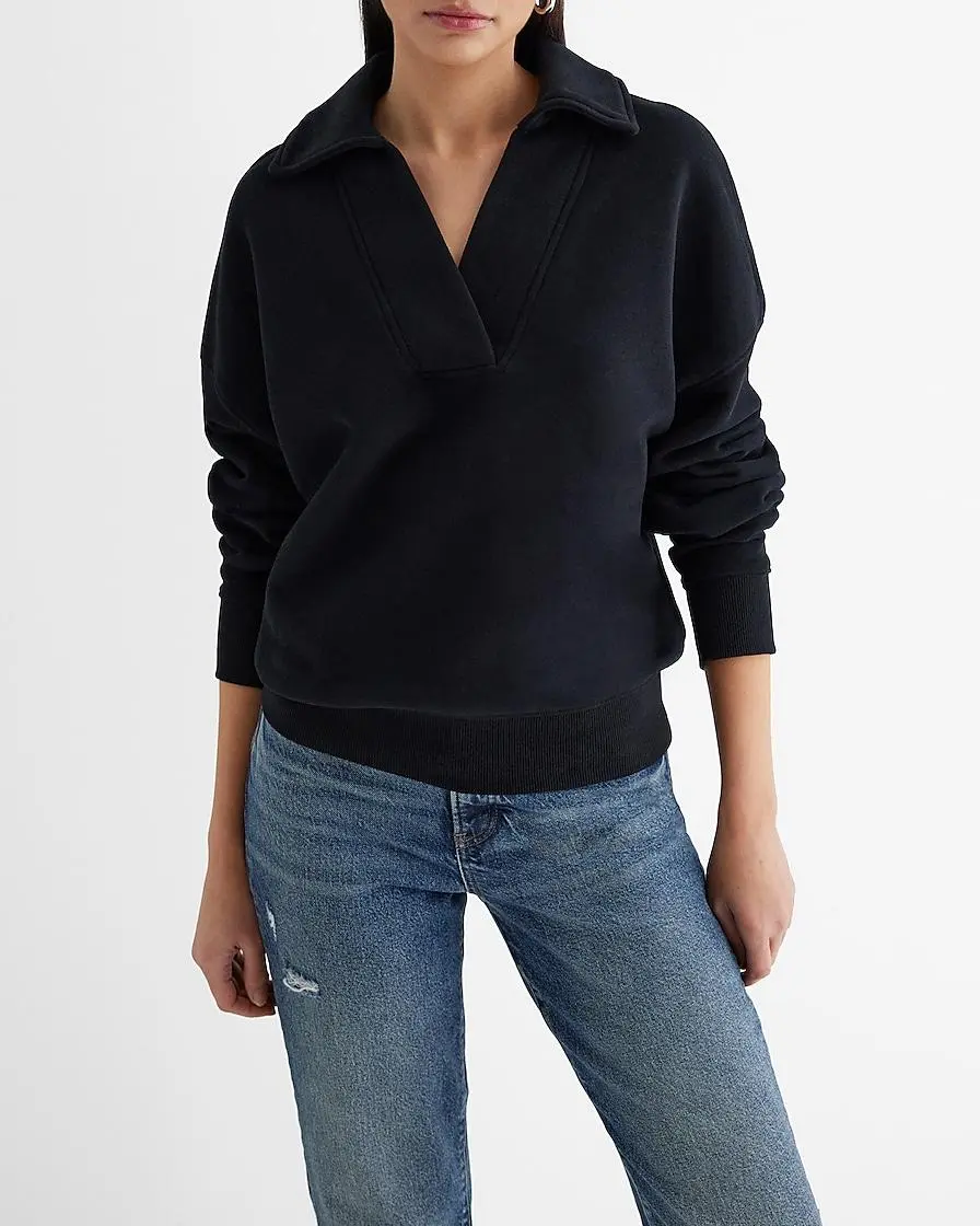 Relaxed V-Neck Fleece Polo Sweatshirt