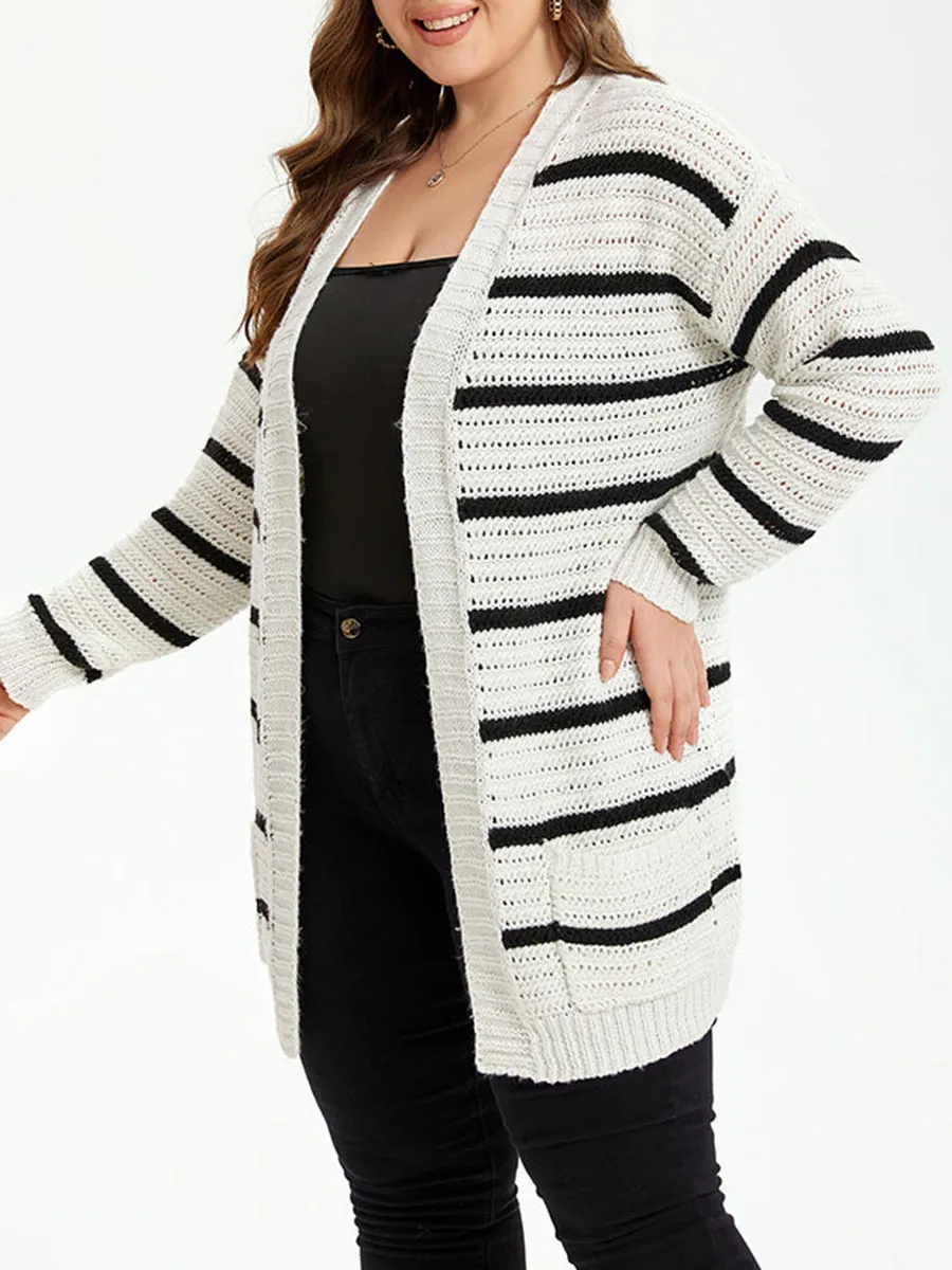 Striped Pattern Drop Shoulder Open Front Cardigan