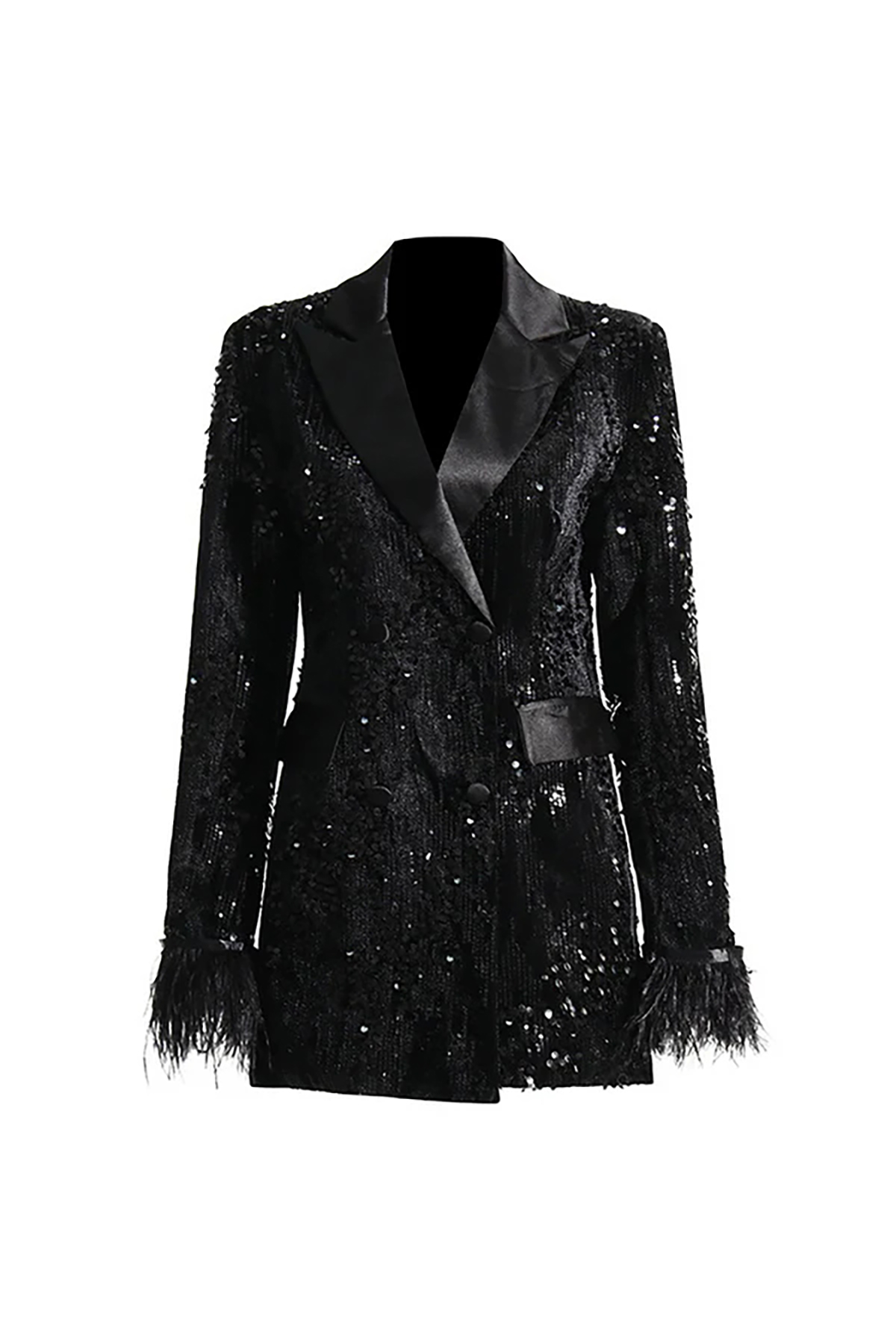 Silky Satin Lapel Feather Trim Long Sleeve Cinch Waist Sequin Party Blazer