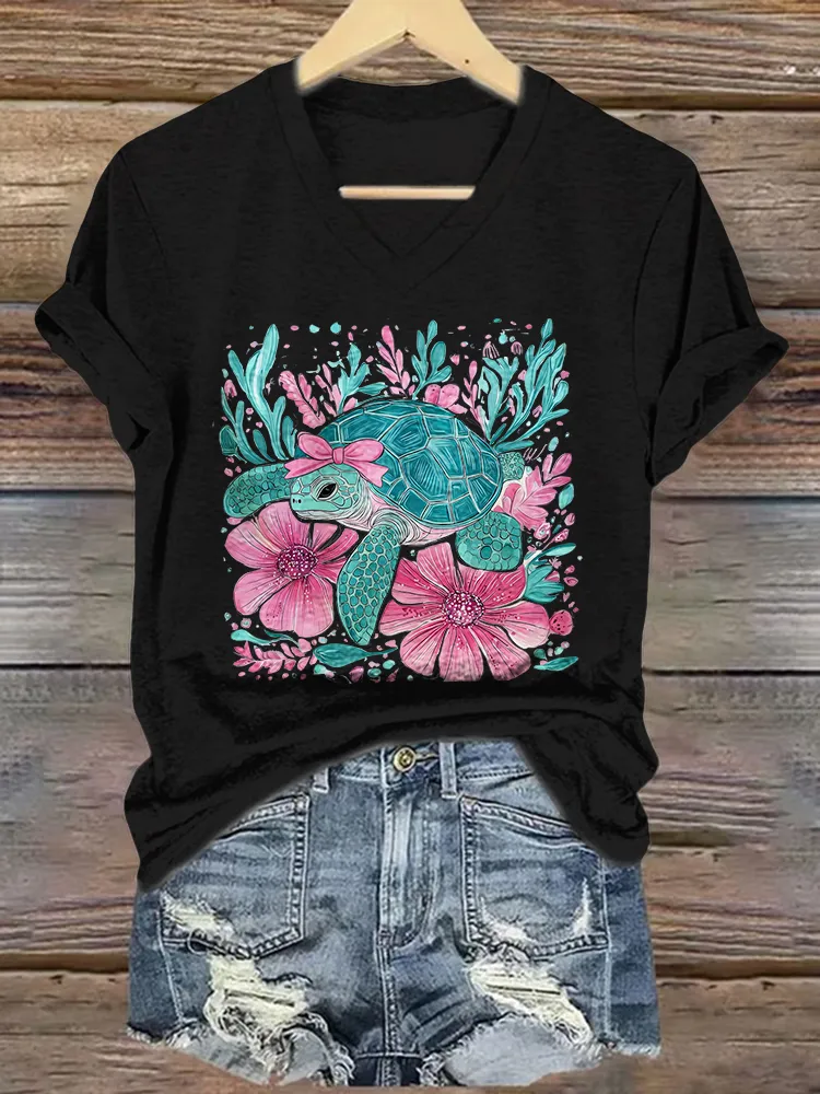 Women's Summer Sea Turtles Short Sleeves V-Neck Pure Cotton T-Shirt