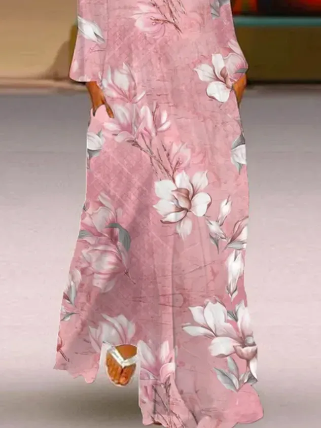 Women Floral Notched Long Sleeve Comfy Casual Maxi Dress