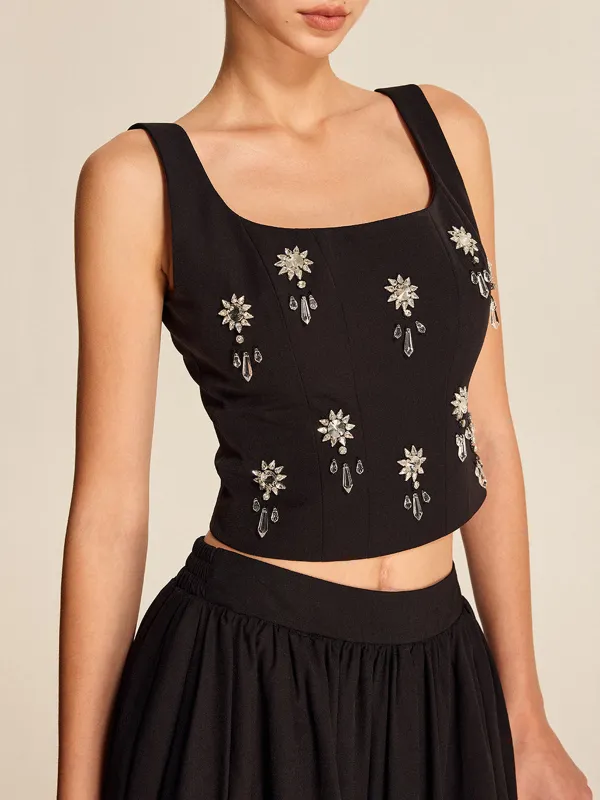 Rhinestonel Detail Square Neck Cropped Top With Back Zipper
