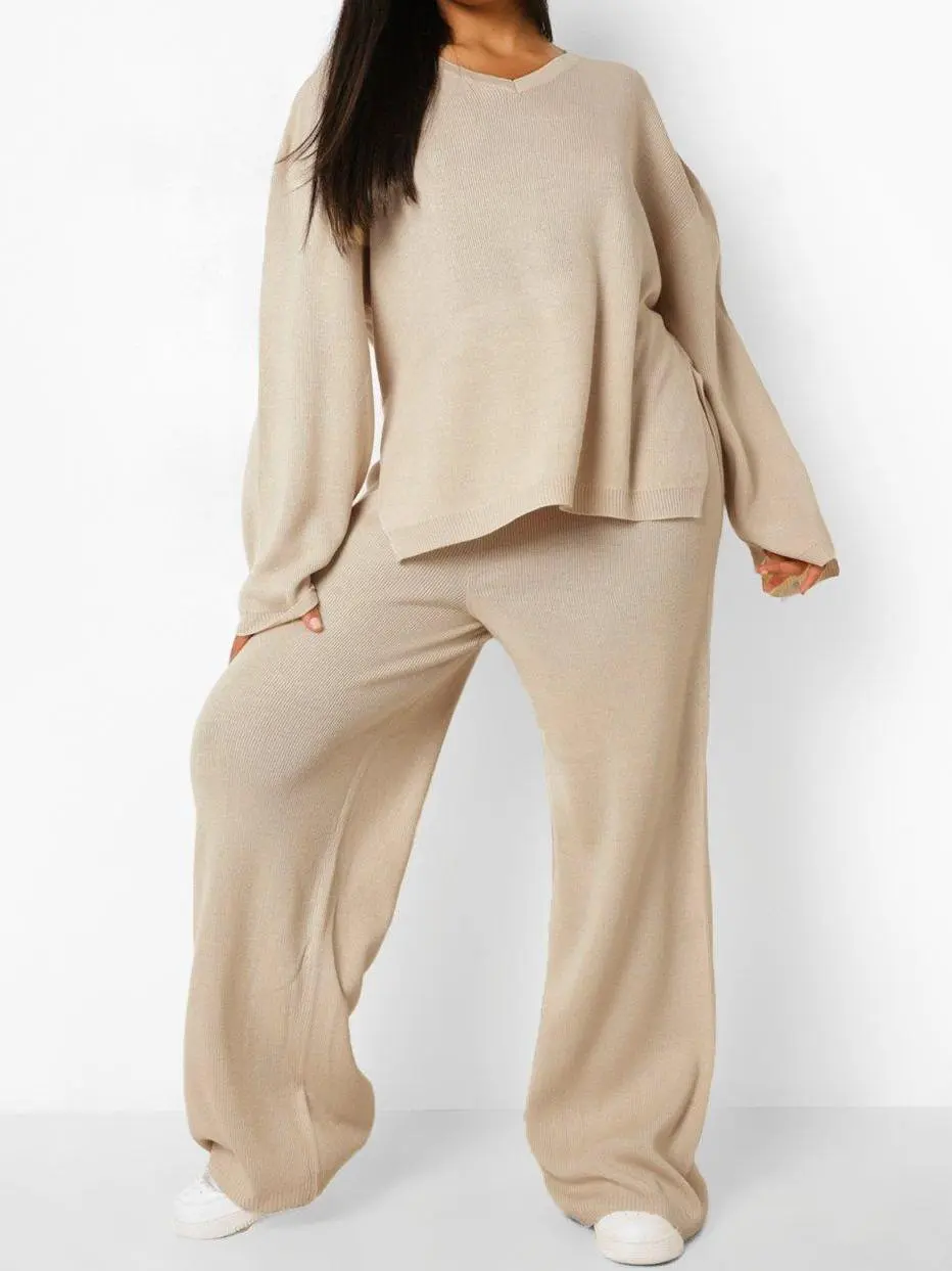 PLUS KNITTED V NECK SIDE SPLIT PANTS SET