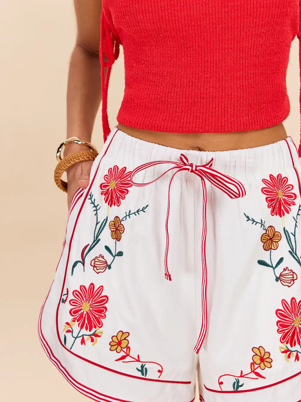Drawstring Floral Embroidered Shorts