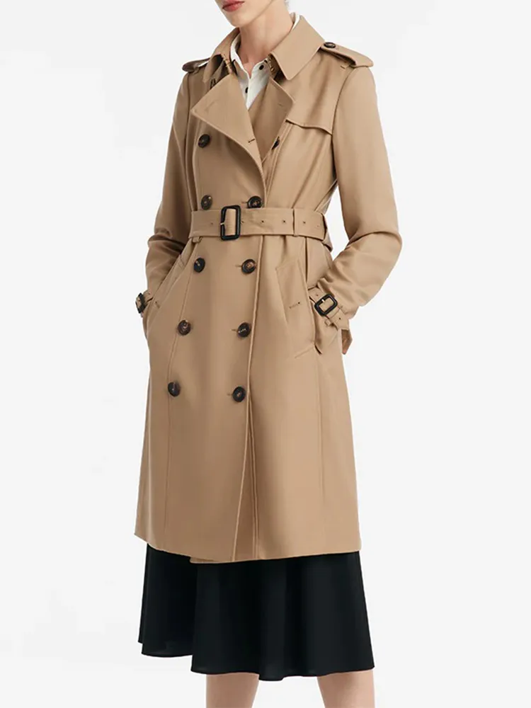 Worsted Wool Gathered Waist Double-Breasted Women Trench Coat