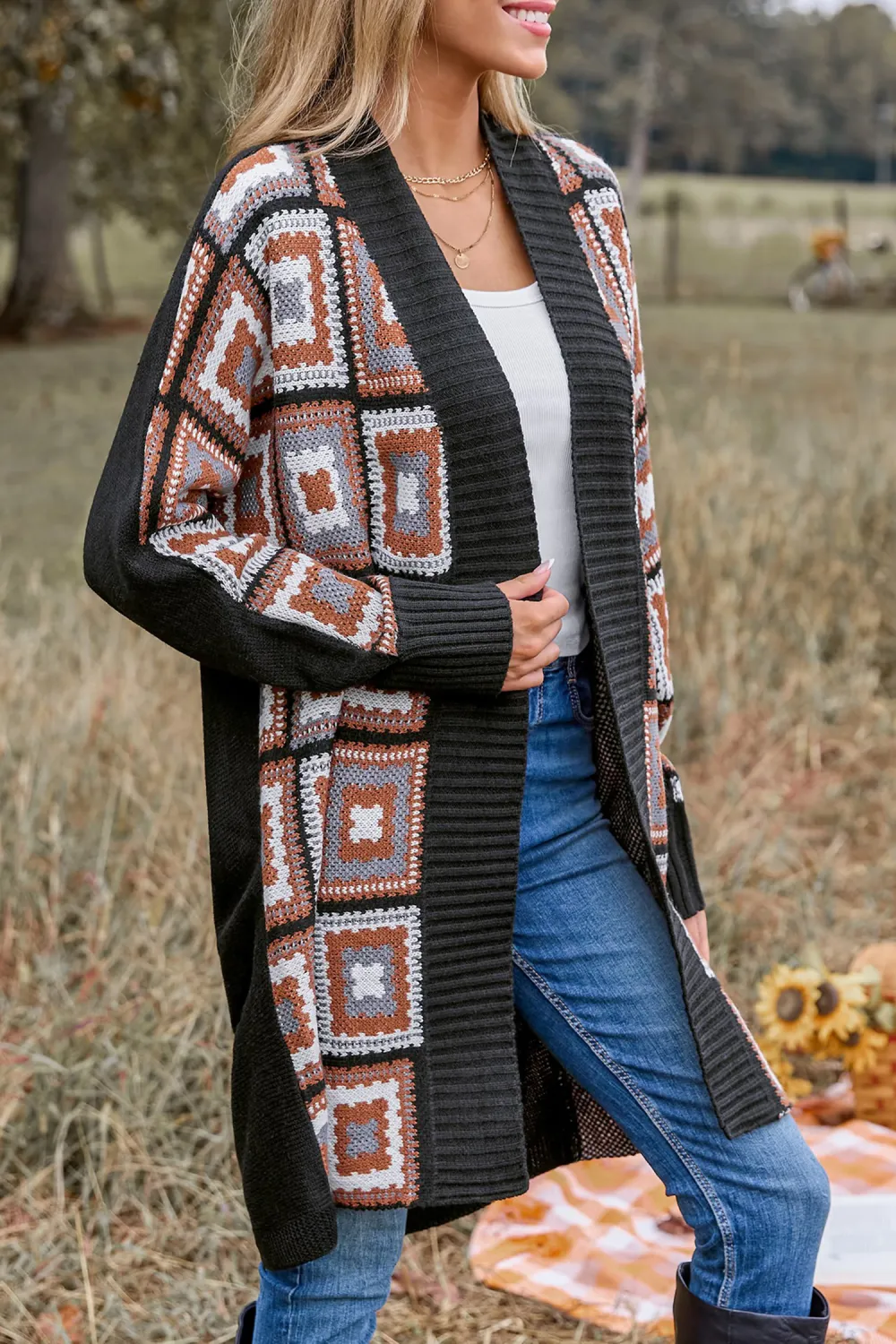 Patchwork Open Front Long Sleeve Knit Duster