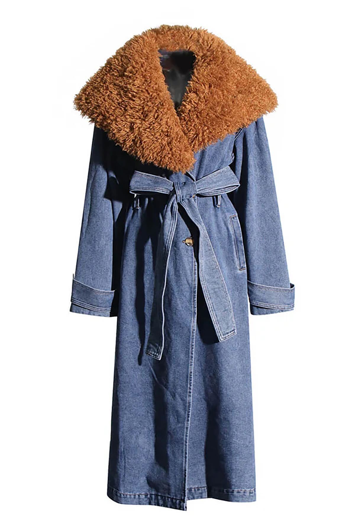 Retro Faux Fur Collar Button Up Belted Cinch Waist Denim Trench Coat