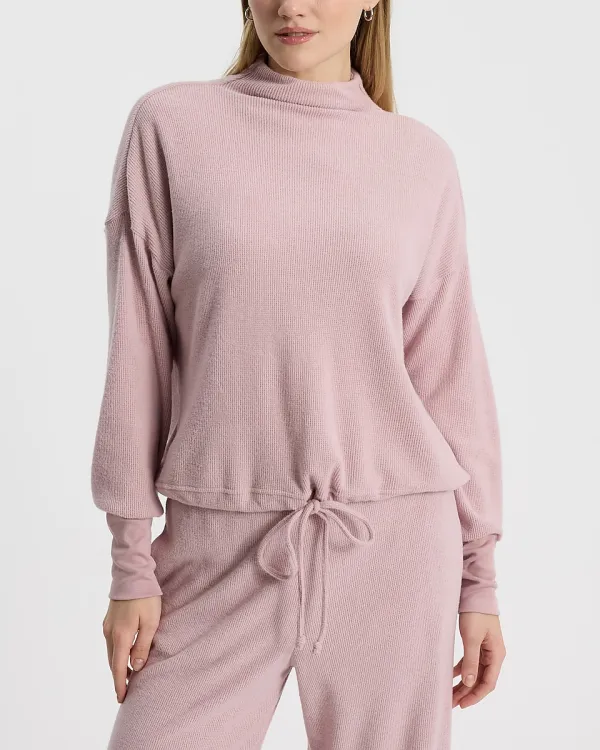 Waffle Mock Neck Long Sleeve Cinched Bottom Top