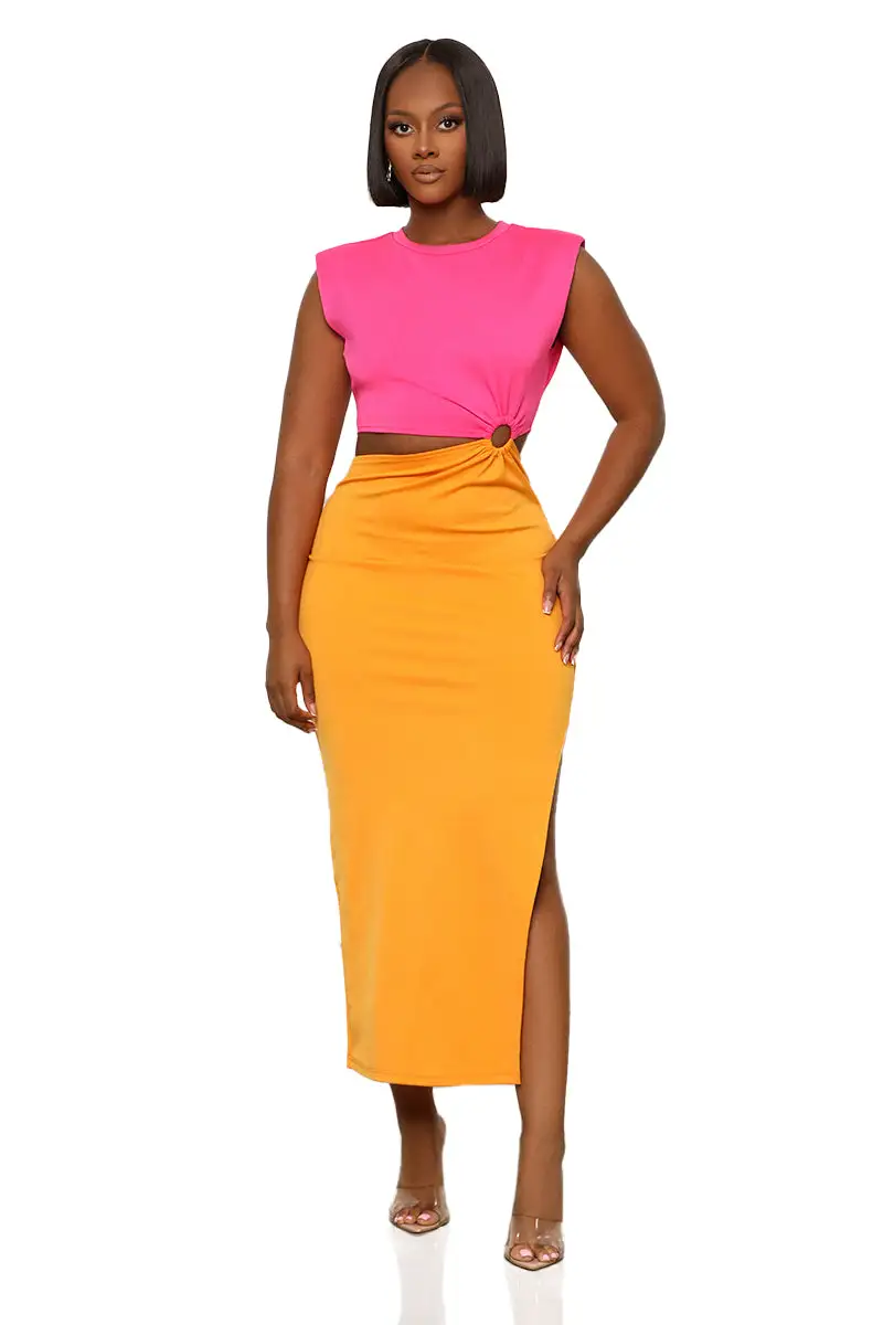So Effortless Color-Block Cut-Out Dress (Orange Multi)