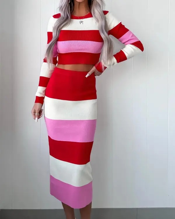 Charmed By Love Striped Skirt Set - Red Combo