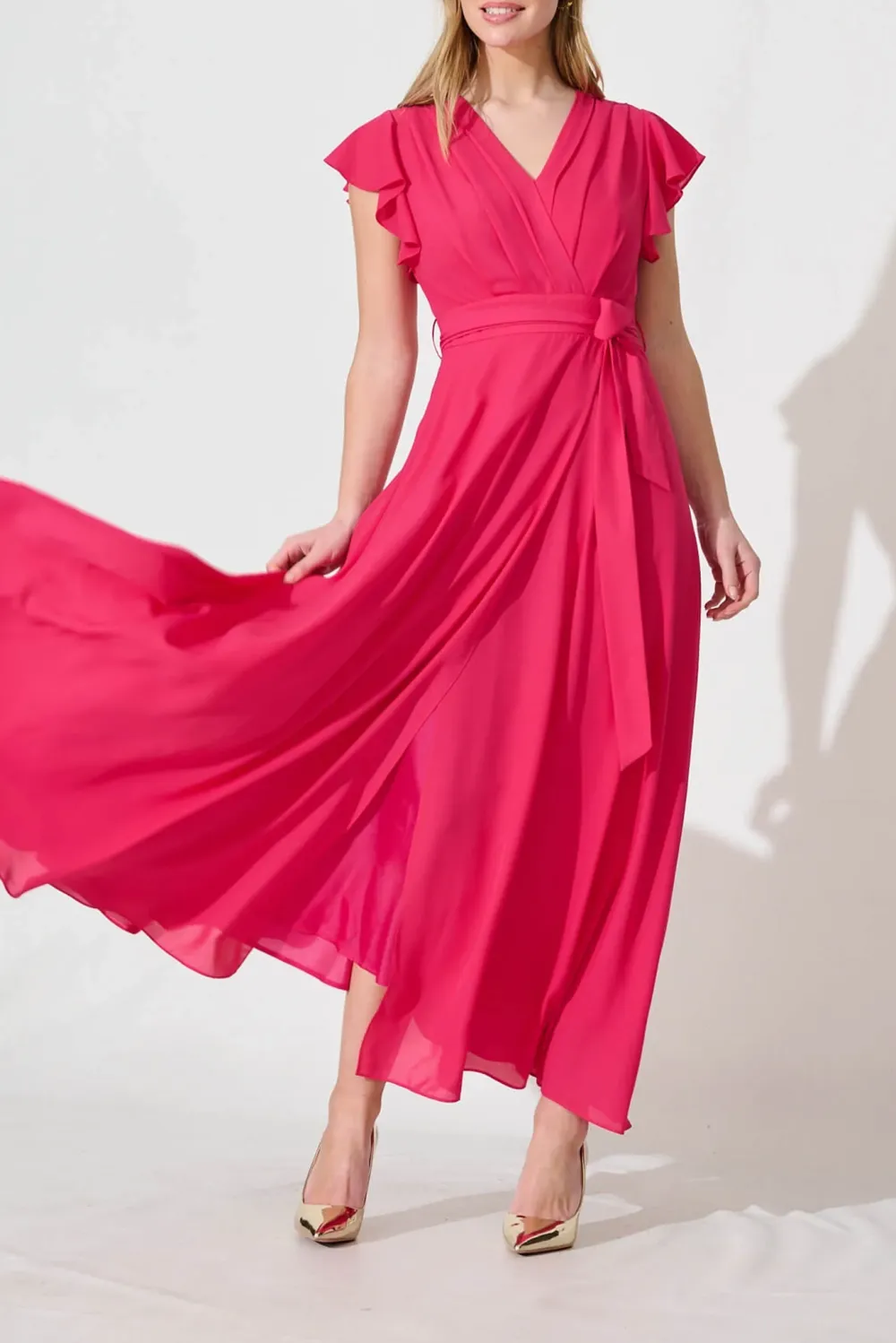 Fuchsia Ruffled Sleeve Wrap Style Maxi Dress