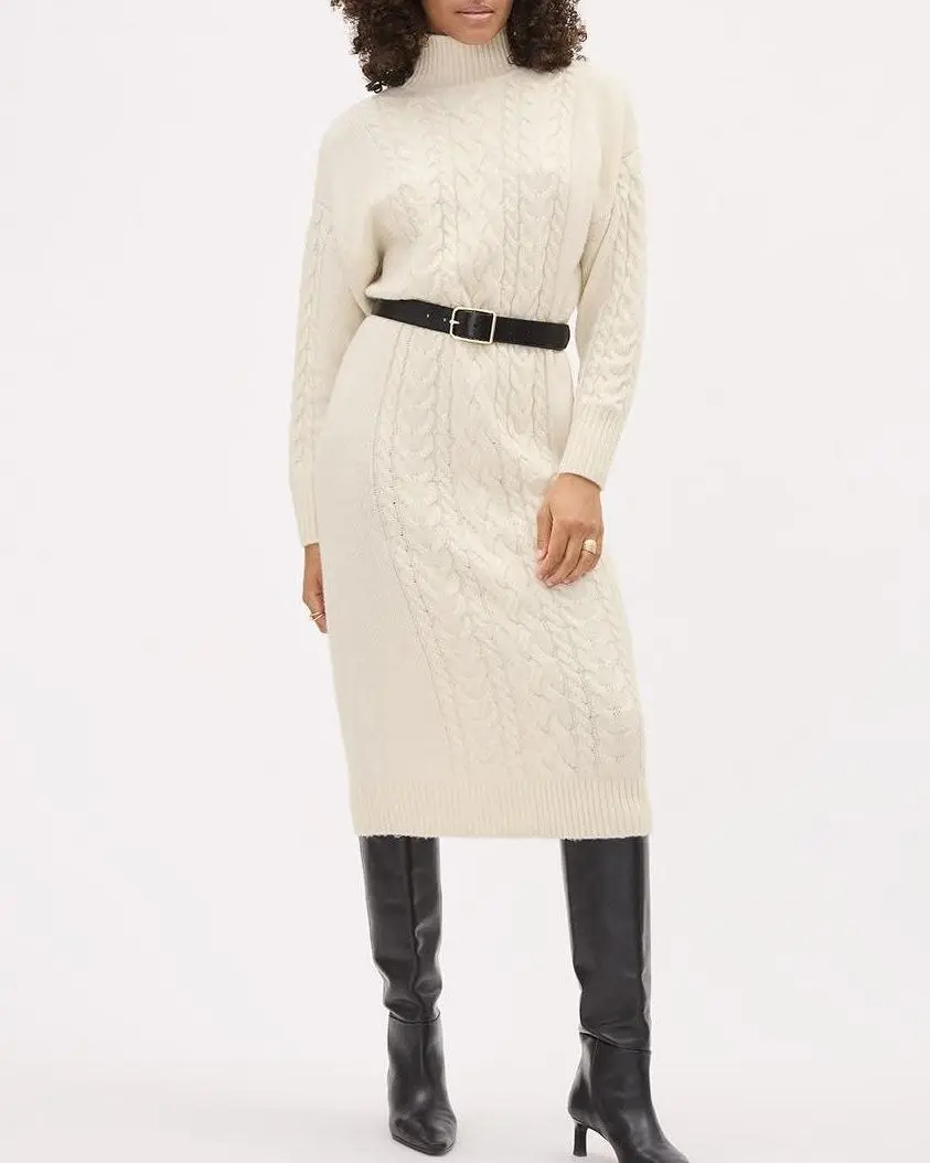 Long-Sleeve Turtle-Neck Straight Midi Dress With Cable Stitches