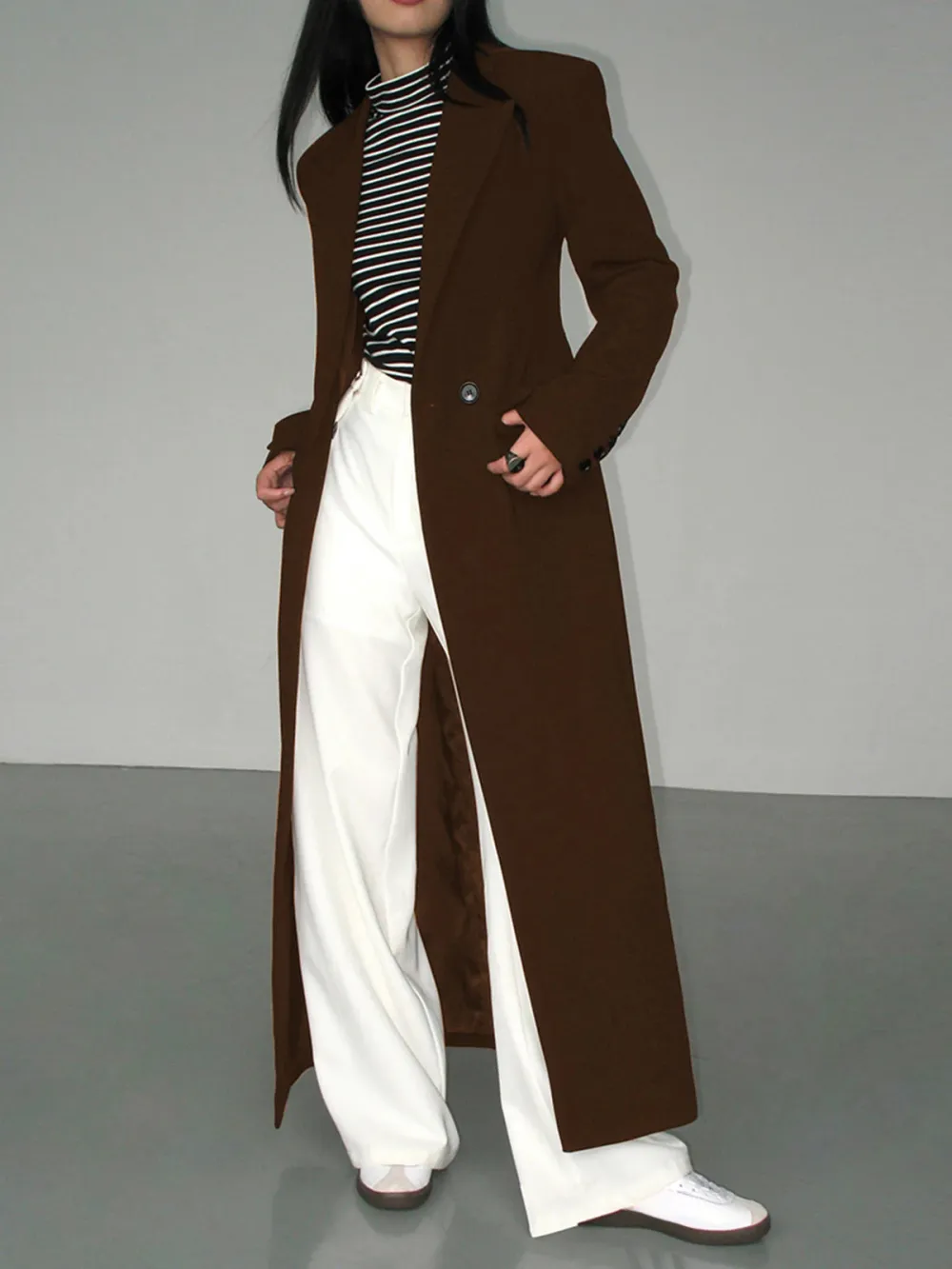 Plain Button Up Lapel Long Blazer