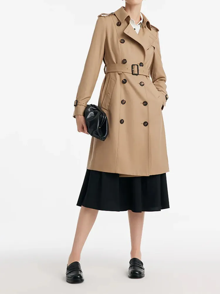 Worsted Wool Gathered Waist Double-Breasted Women Trench Coat