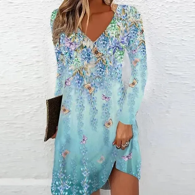 Women Floral V Neck Long Sleeve Comfy Casual Short Dress