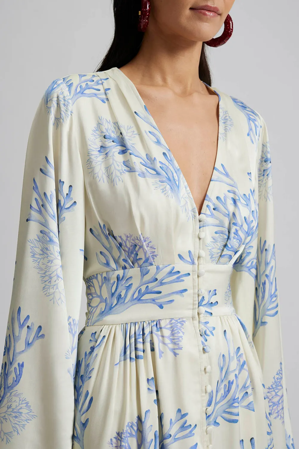 V Neck Button Front Midi Dress