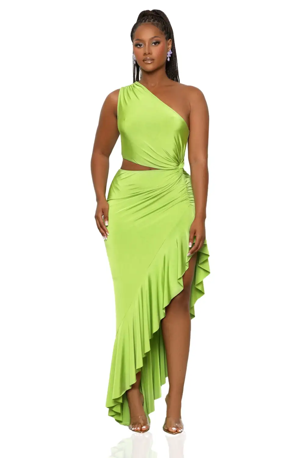 Foreign Affairs One Shoulder Ruffle Dress (Lime)-FINAL SALE