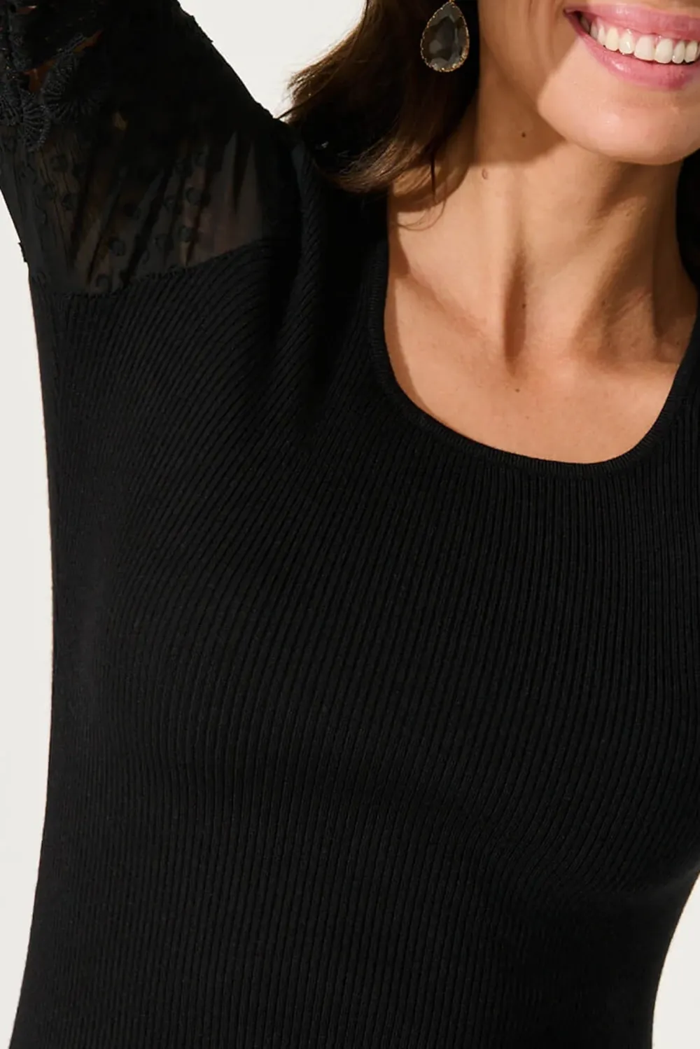 Black Sheer Sleeve Knit Bodycon Dress