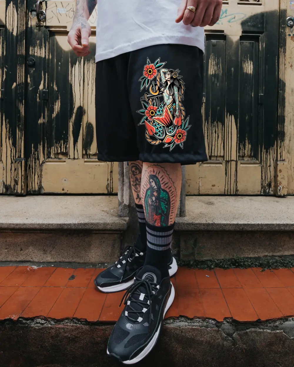 Mermaid Sitting On Anchor Print Sports Casual Men's Loose Shorts