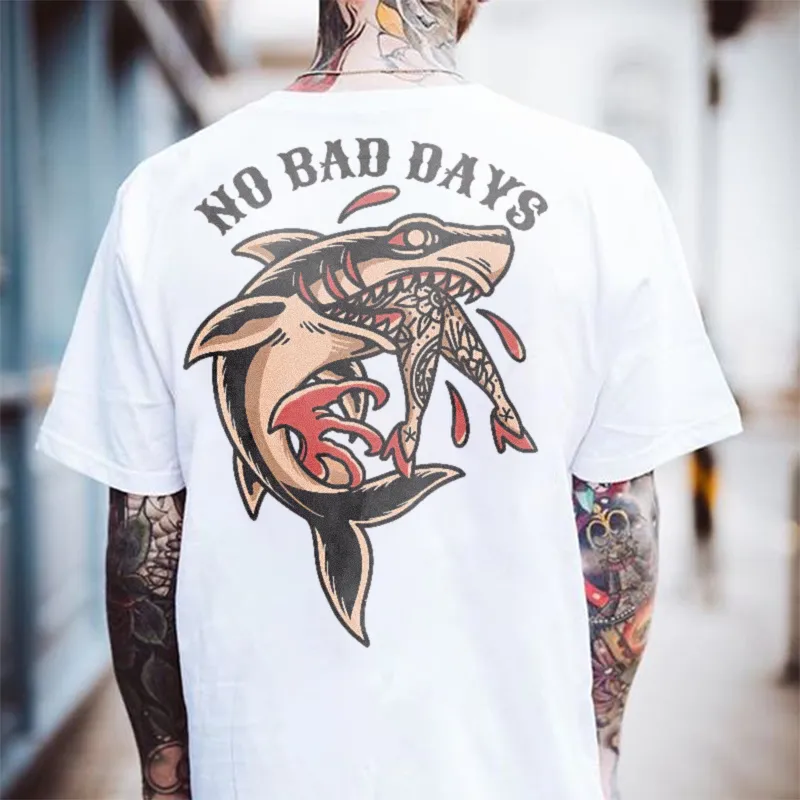 NO BAD DAYS shark print loose T-shirt designer