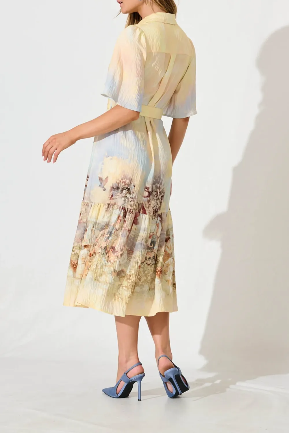Beige Printed Tiered Shirt Midi Dress