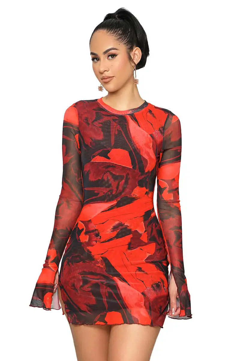 Heart On Sleeve Mesh Mini Dress (Red)- FINAL SALE