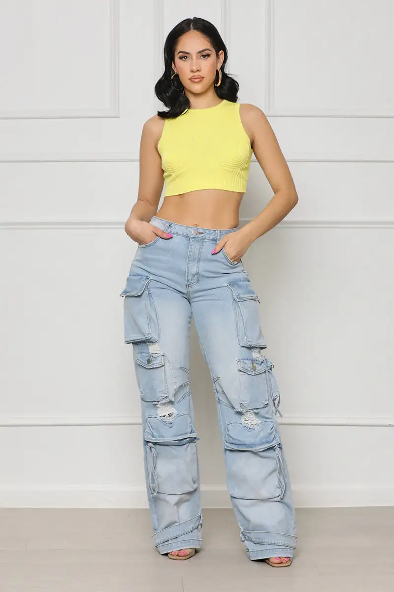 Always On Go Distressed Cargo Jeans (Light Wash)