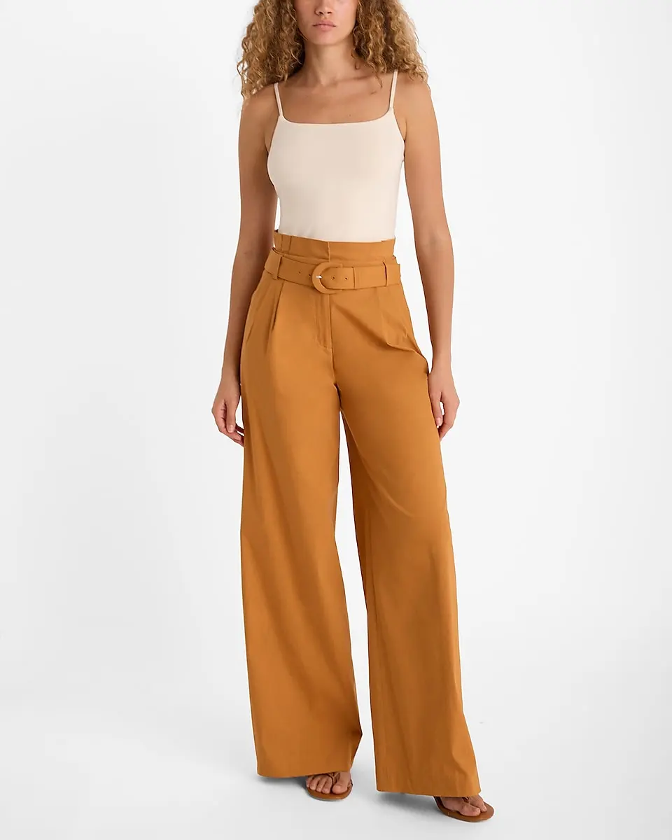 Super High Waisted Belted Paperbag Wide Leg Pant