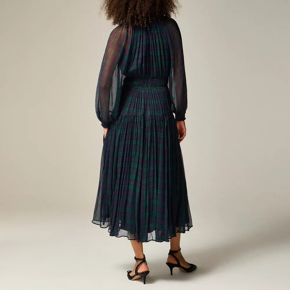 Crinkle chiffon sheer long-sleeve dress in Black Watch tartan