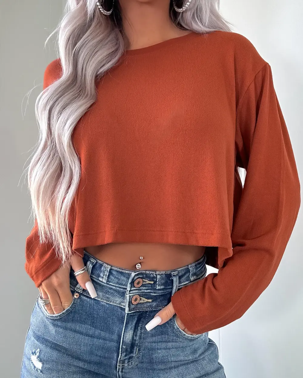 Fresh Breeze Long Sleeve Crop Top - Rust