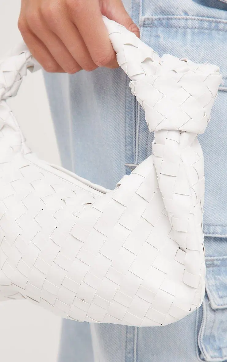 Aitana Woven Knotted Detail Grab Bag In White Faux Leather