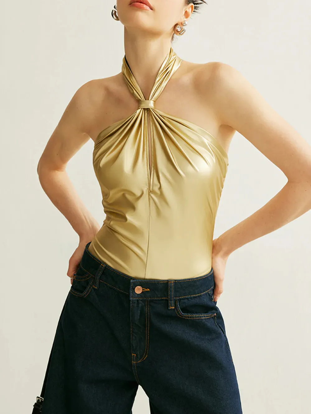 Plain Halter Neck Backless Bodysuit