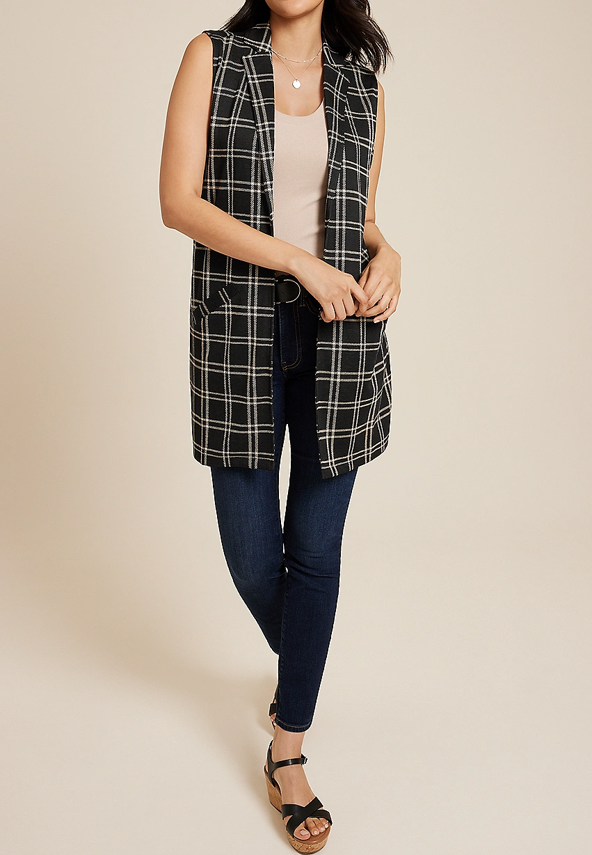 Windowpane Longline Blazer Vest