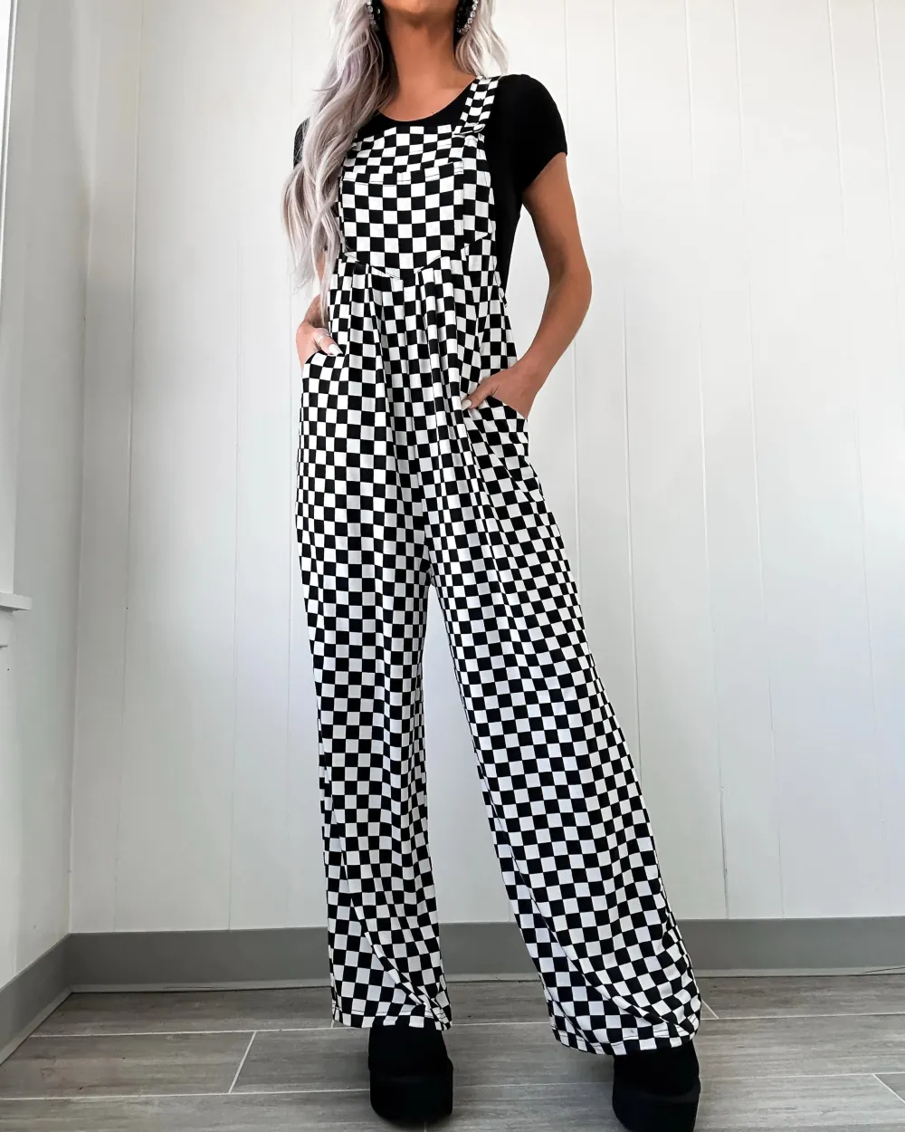 City Rebel Checkered Wide Leg Jumpsuit - Black