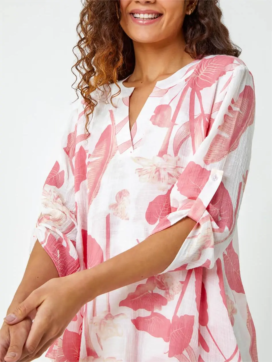 Coral Palm Print V-Neck Wrap Hem Tunic Top