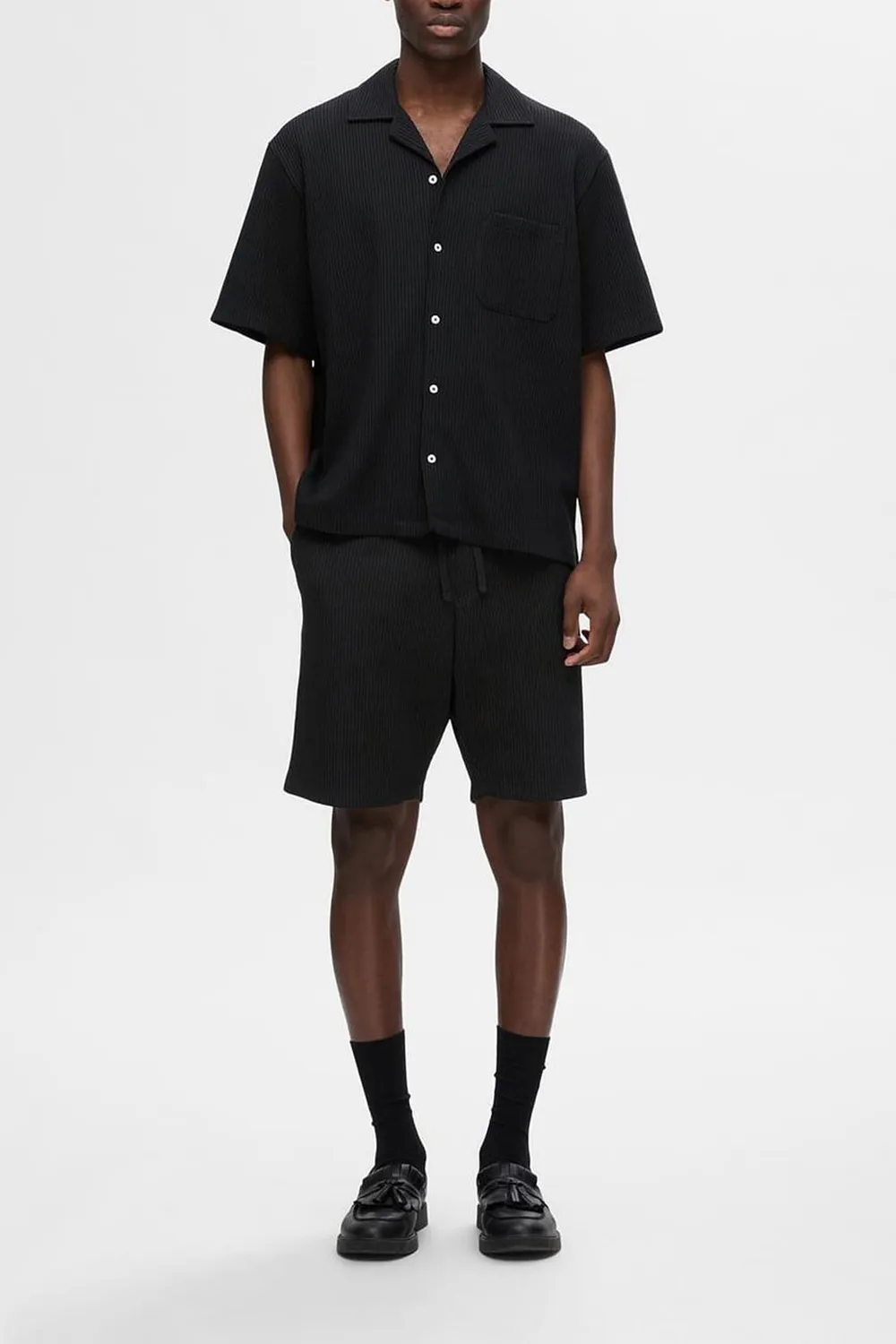 Black Cuban Collar Co-ord Set Shirt