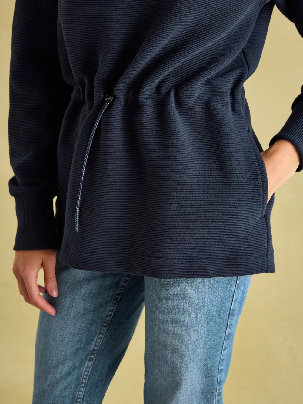 Adjustable Waist Willow Navy Cowl Neck Sweatshirt