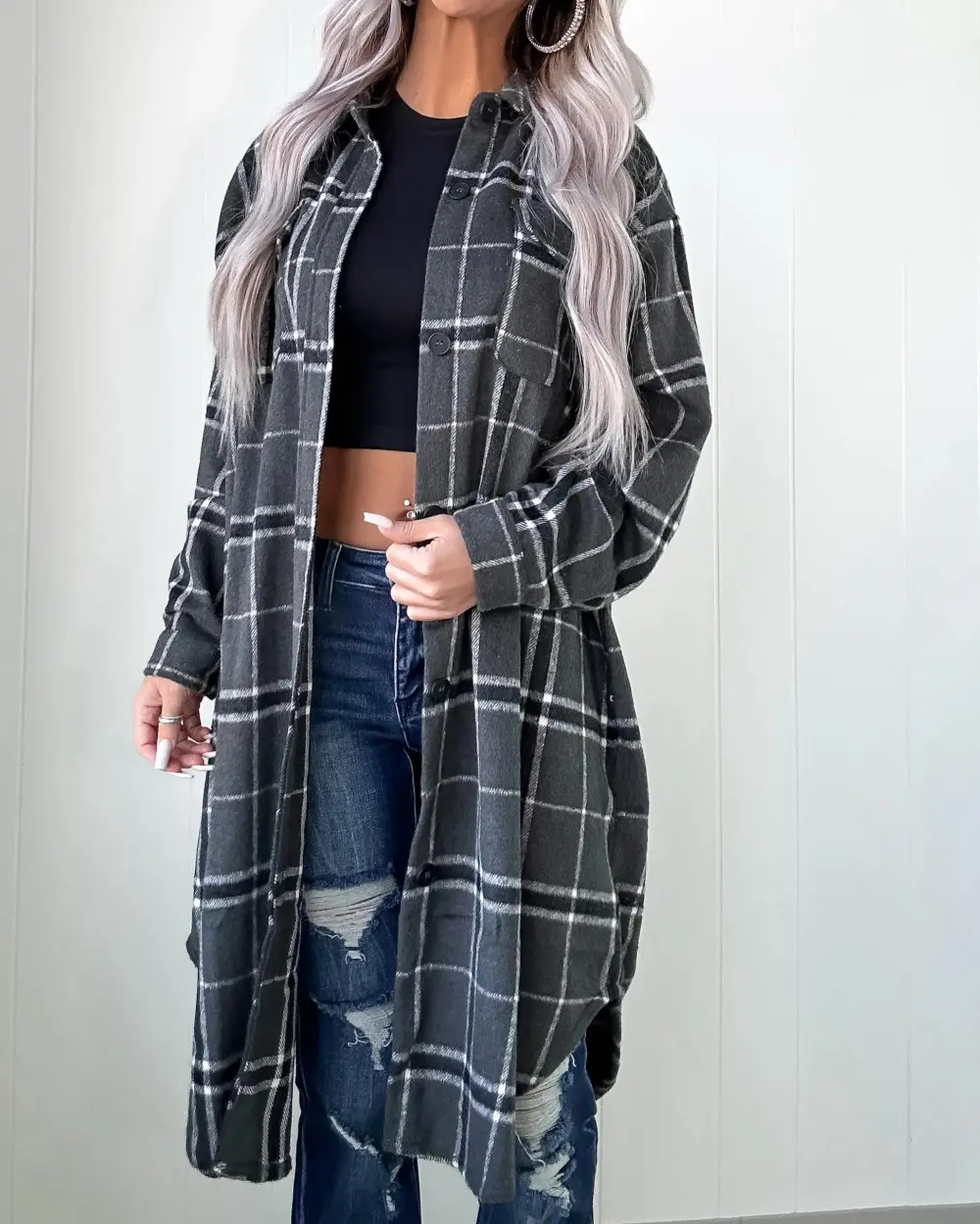 DOORBUSTER Gray Plaid Duster Shacket