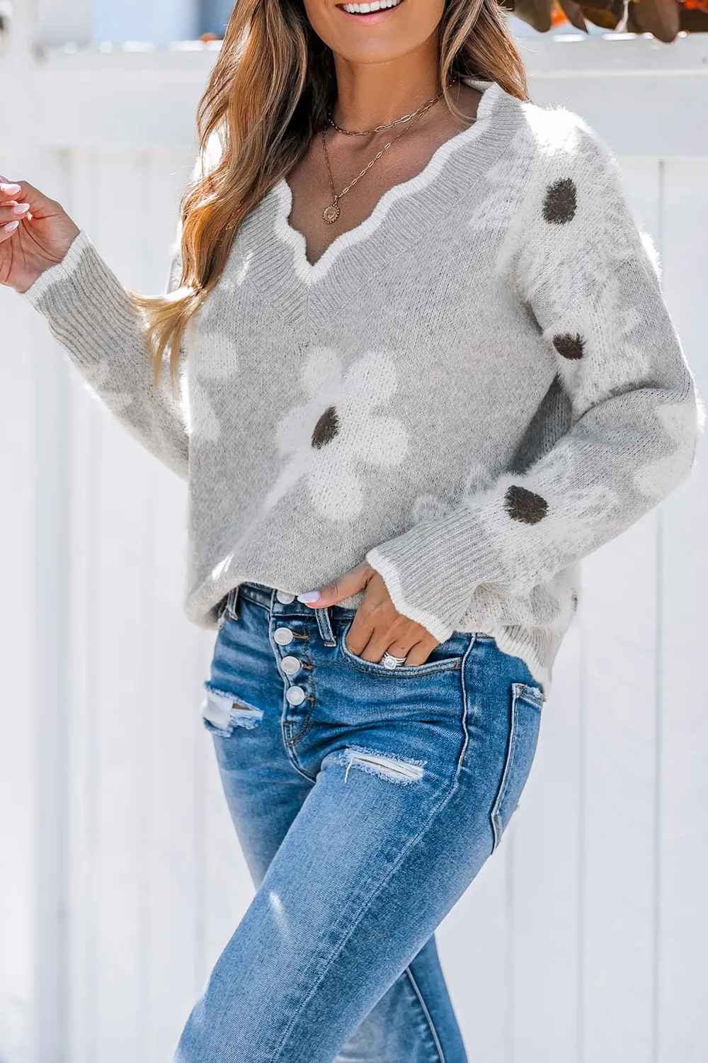 Grey Knit Daisy Scalloped Sweater